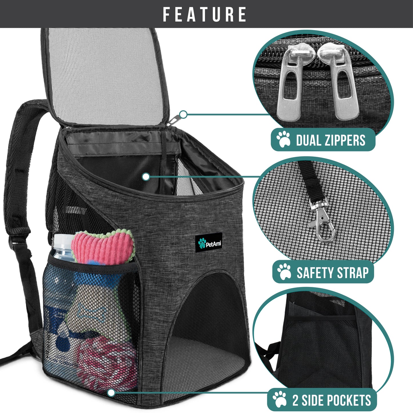 Small Dogs and Cat Backpack Carrier, Airline Approved Pet Backpack Carrier, Ventilated, Safety Strap, Buckle Support Designed for Hiking Travel Camping Outdoor, Max 18 Lbs (Dark Gray)