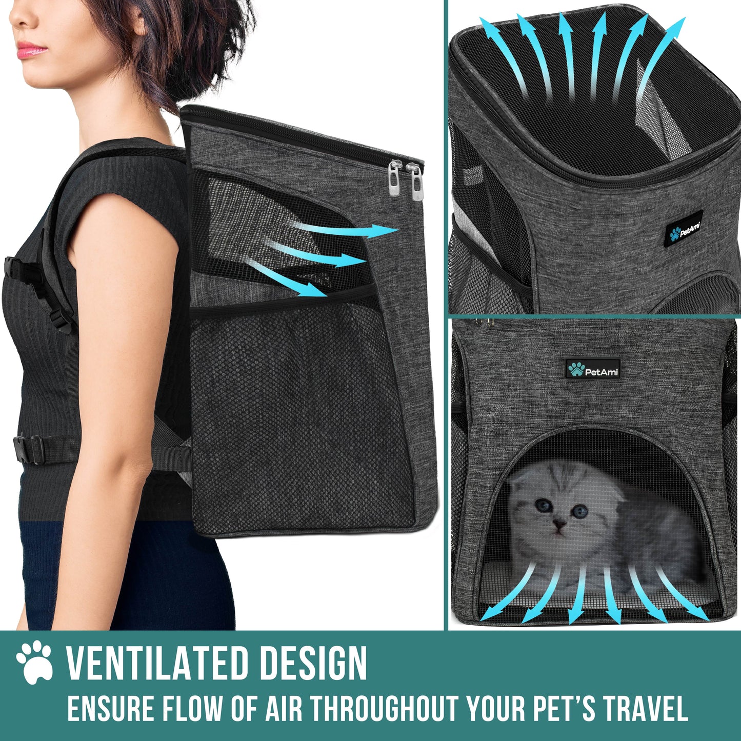 Small Dogs and Cat Backpack Carrier, Airline Approved Pet Backpack Carrier, Ventilated, Safety Strap, Buckle Support Designed for Hiking Travel Camping Outdoor, Max 18 Lbs (Dark Gray)