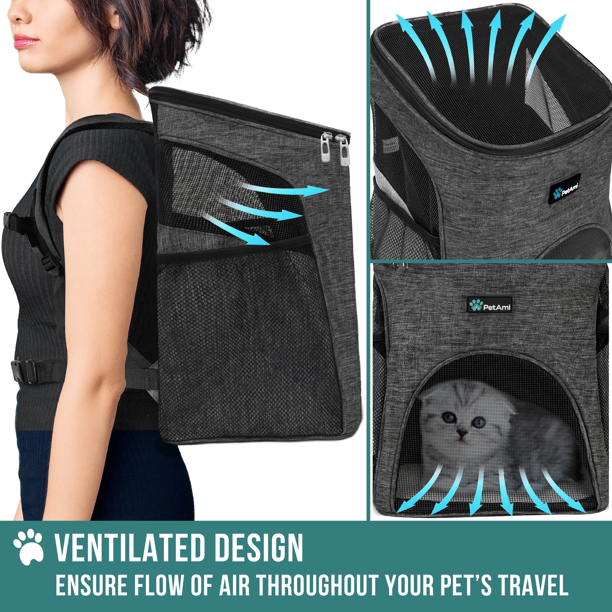 Small Dogs and Cat Backpack Carrier, Airline Approved Pet Backpack Carrier, Ventilated, Safety Strap, Buckle Support Designed for Hiking Travel Camping Outdoor, Max 18 Lbs (Dark Gray)