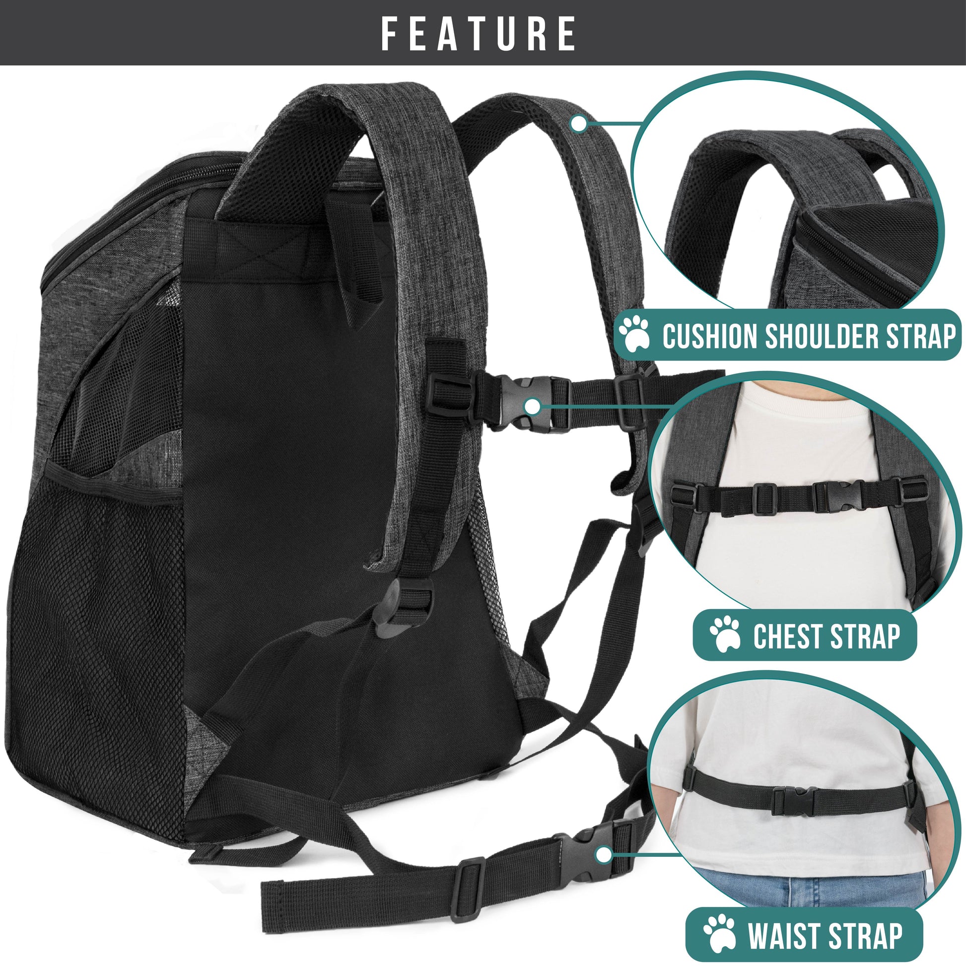 Small Dogs and Cat Backpack Carrier, Airline Approved Pet Backpack Carrier, Ventilated, Safety Strap, Buckle Support Designed for Hiking Travel Camping Outdoor, Max 18 Lbs (Dark Gray)