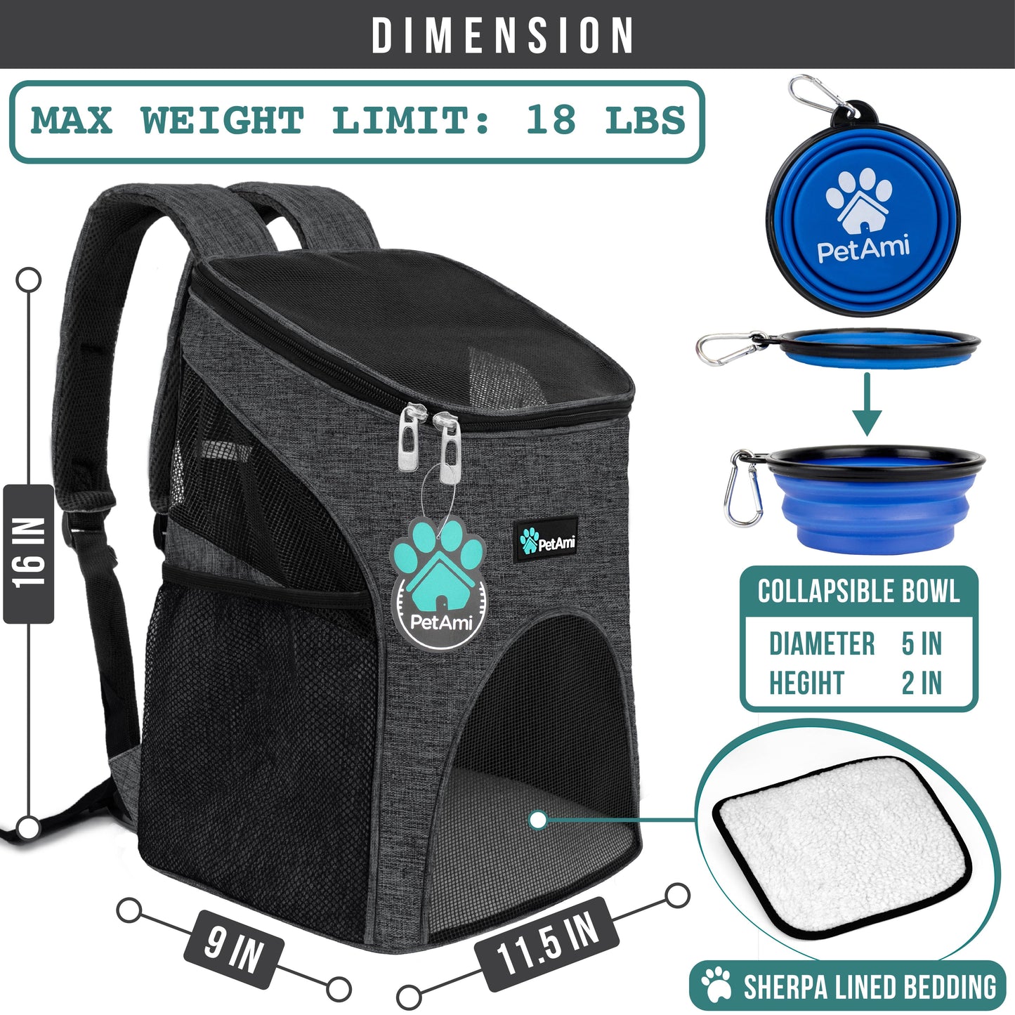 Small Dogs and Cat Backpack Carrier, Airline Approved Pet Backpack Carrier, Ventilated, Safety Strap, Buckle Support Designed for Hiking Travel Camping Outdoor, Max 18 Lbs (Dark Gray)