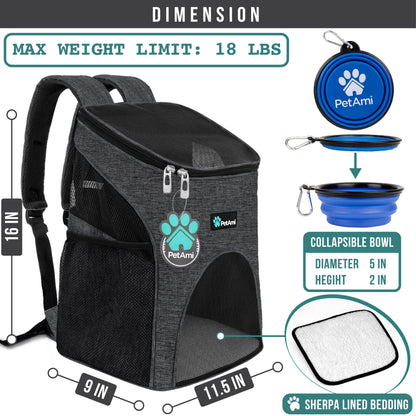 Small Dogs and Cat Backpack Carrier, Airline Approved Pet Backpack Carrier, Ventilated, Safety Strap, Buckle Support Designed for Hiking Travel Camping Outdoor, Max 18 Lbs (Dark Gray)
