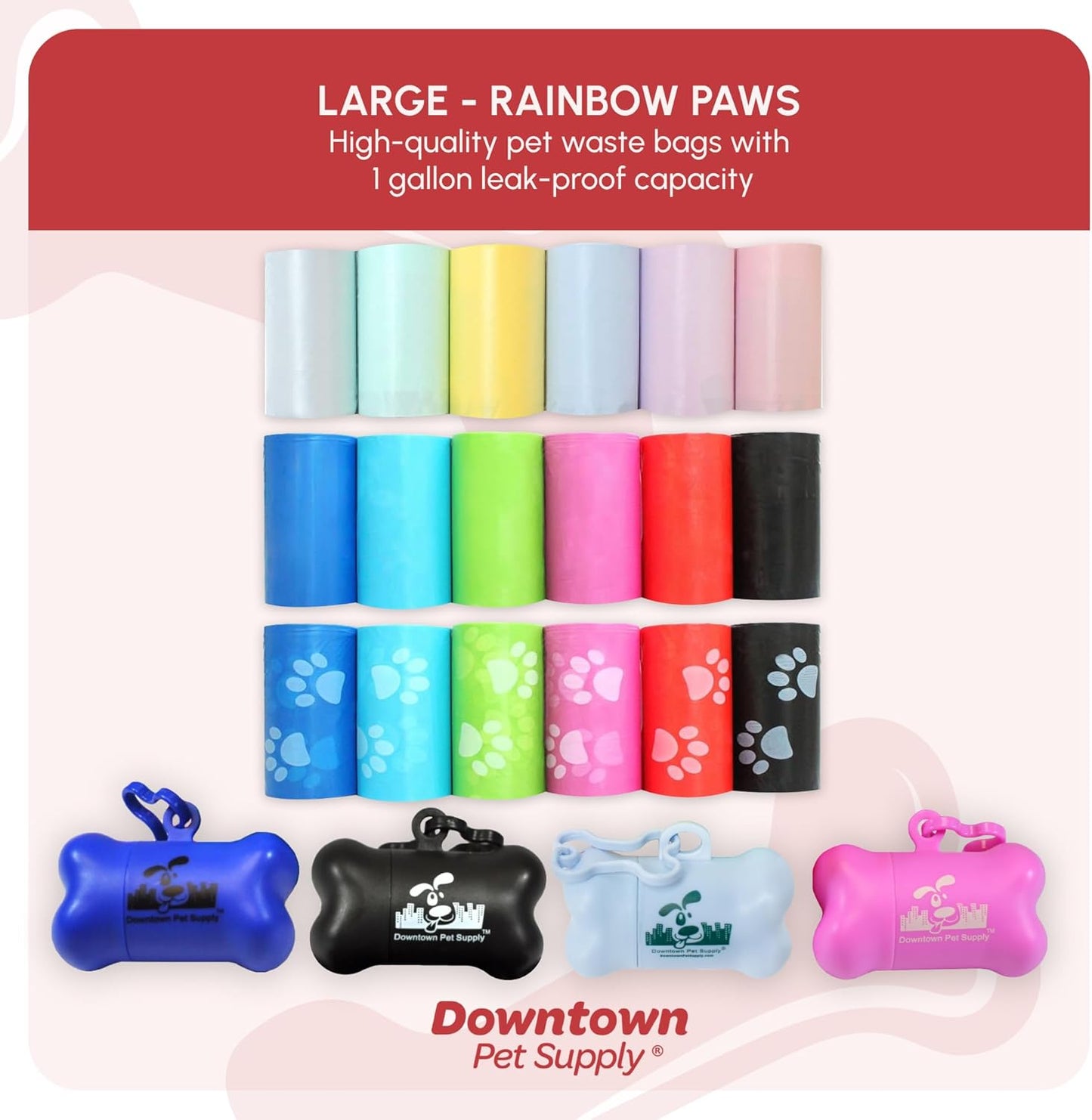 Poop Bags for Dogs with Dispenser, 2200 Count - Leak-Proof Dog Waste Bags and Bone-Shaped Dog Poop Bags Holder for Leash - Rainbow with Paw Prints of Colors, 12.5" X 8.5"