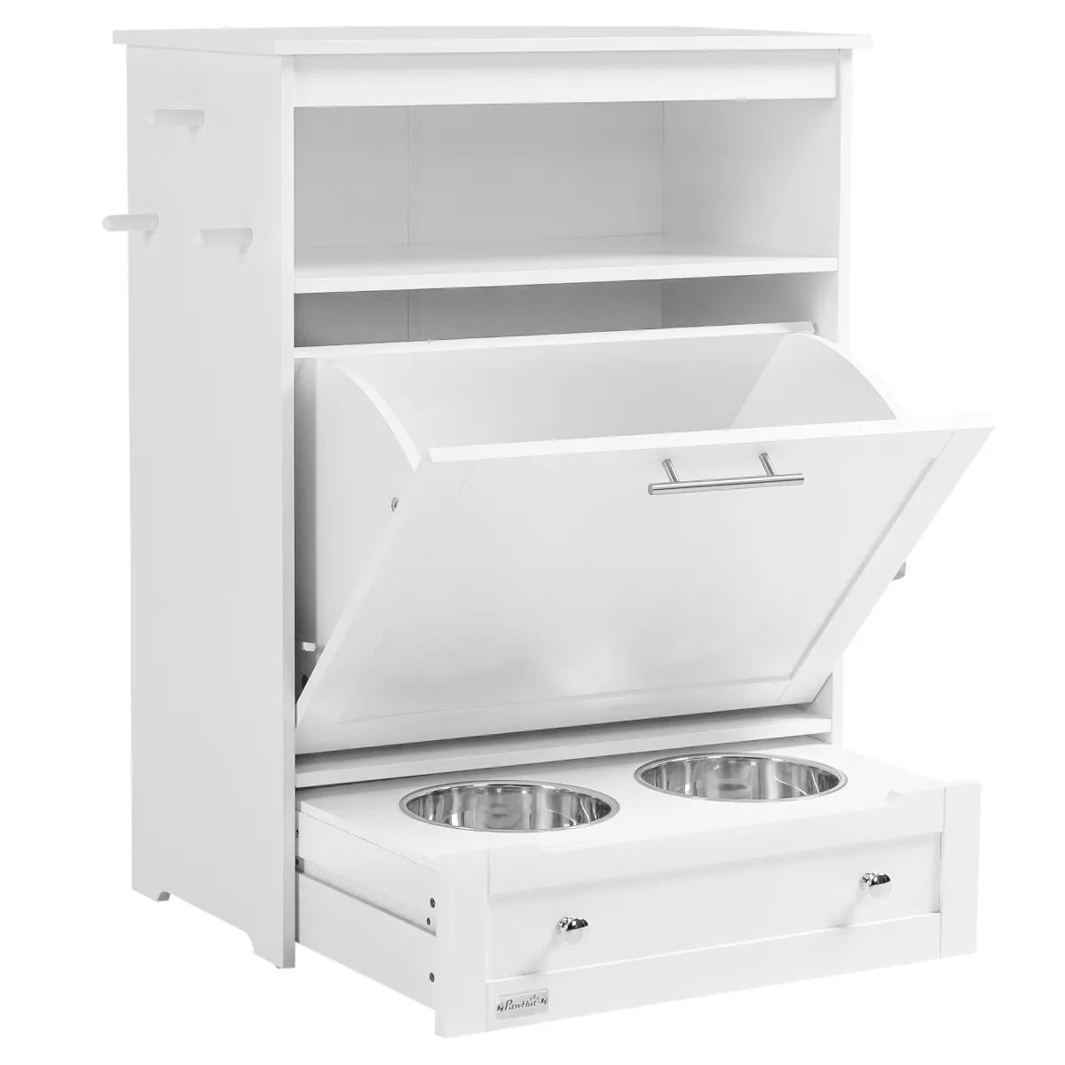 Pawhut Pet Feeder Station Storage Cabinet, Dog Food Storage Container with Dog Raised Bowls and Hanger for Feeding & Watering Supplies, White