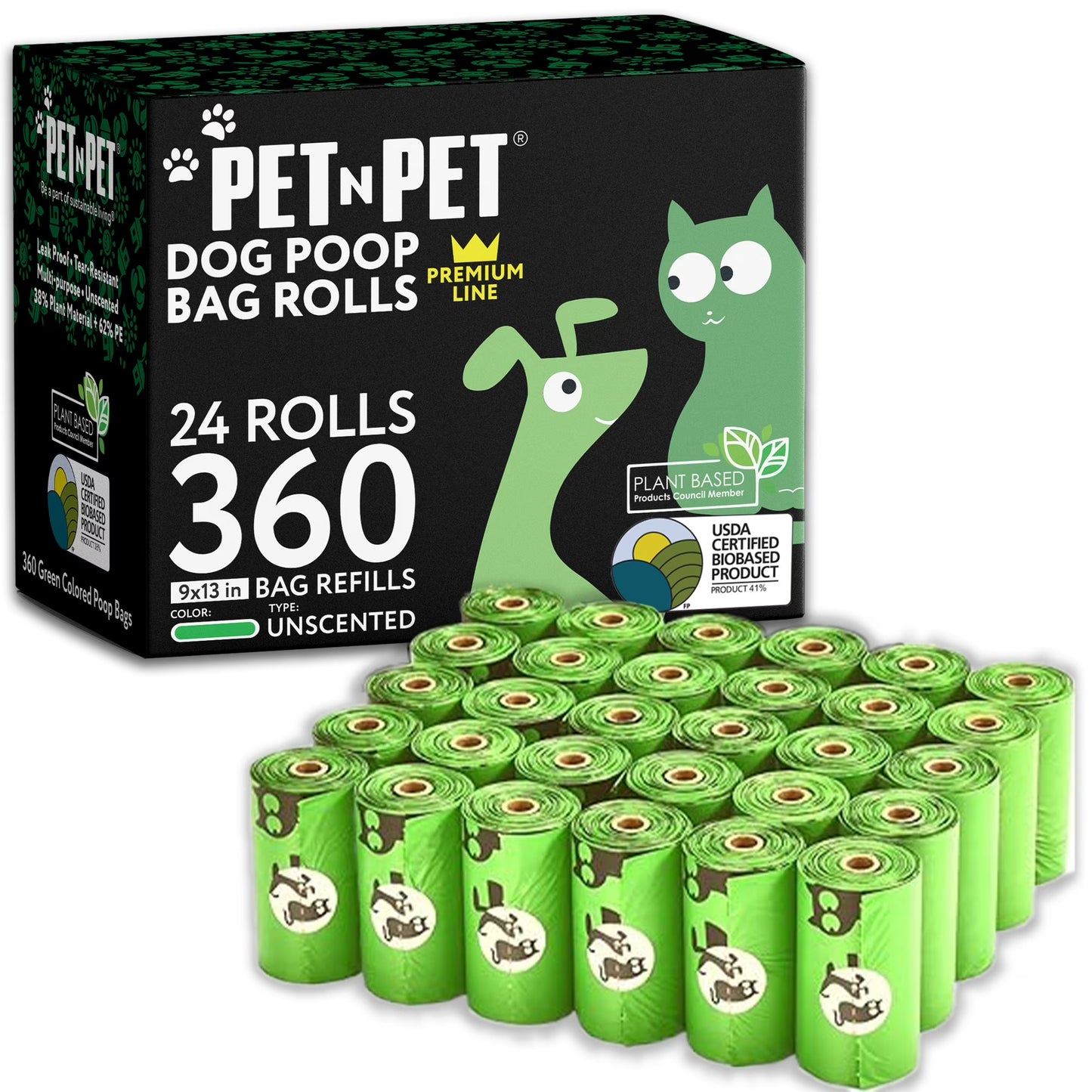 Dog Poop Bags Premium Rolls, 360 Count, Unscented, 41% Plant-Based, Leak-Proof Dog Waste Bags, 8 X 15 Inches