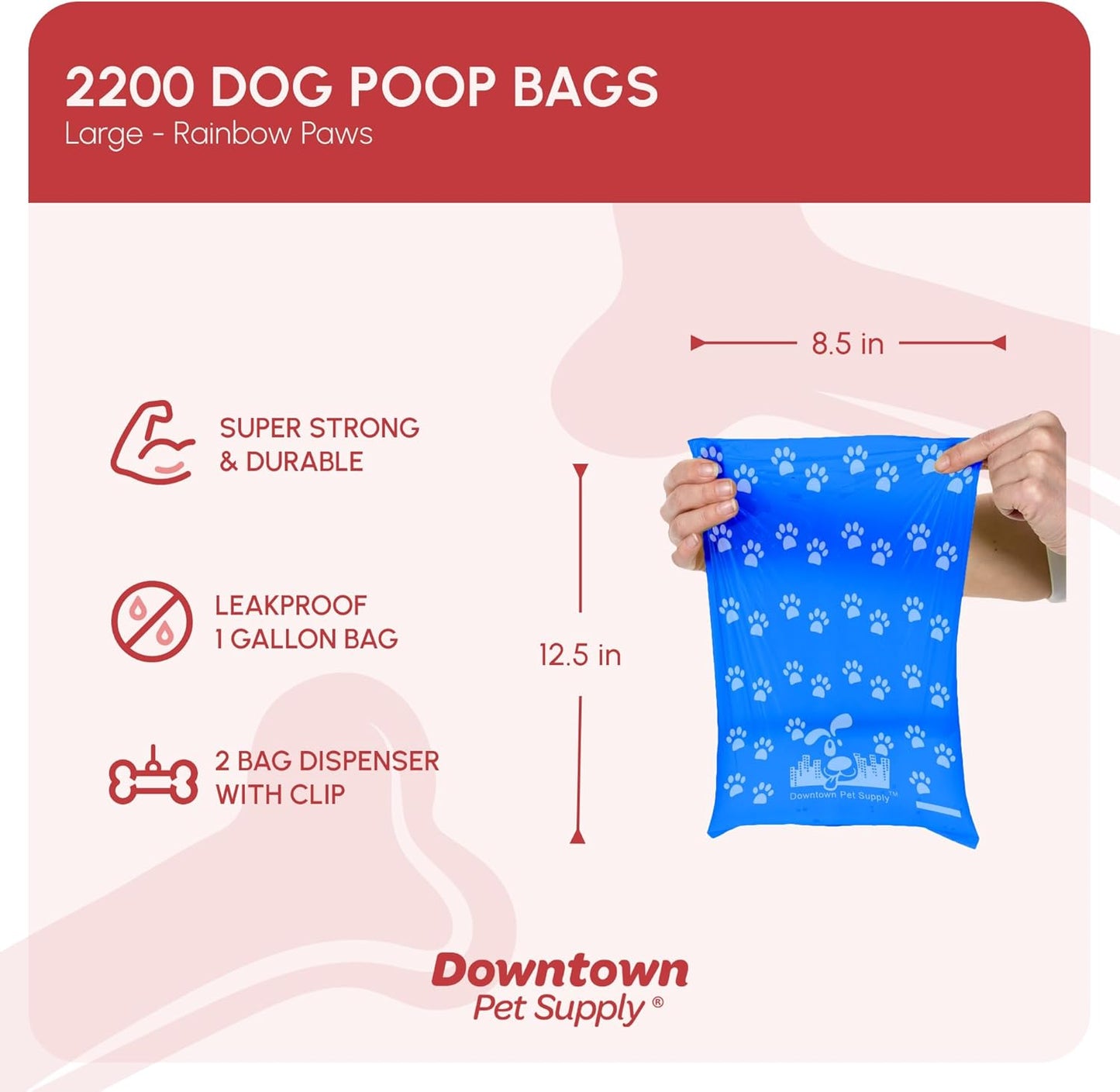 Poop Bags for Dogs with Dispenser, 2200 Count - Leak-Proof Dog Waste Bags and Bone-Shaped Dog Poop Bags Holder for Leash - Rainbow with Paw Prints of Colors, 12.5" X 8.5"